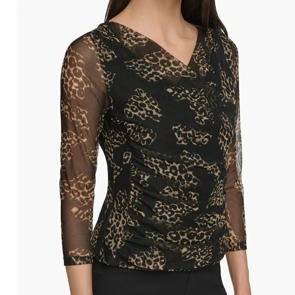 NWT DKNY Animal Print Surplice Faux Wrap Semi Sheer Ruched Blouse Brown XS